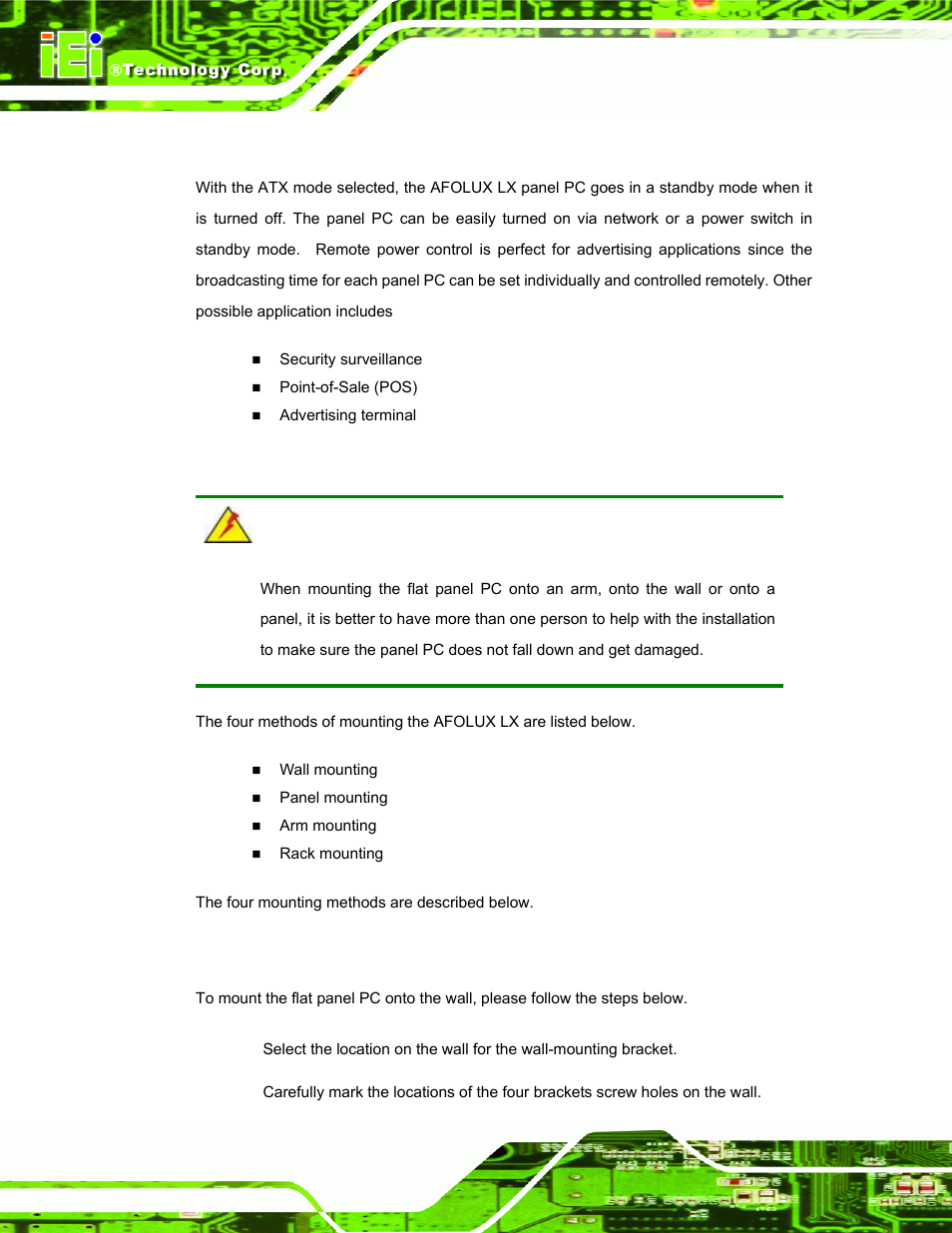 2 atx power mode, 8 mounting the system, 1 wall mounting | Ounting the, Ystem | IEI Integration AFL-07A 08AH 10A 12A-LX Series User Manual | Page 48 / 131