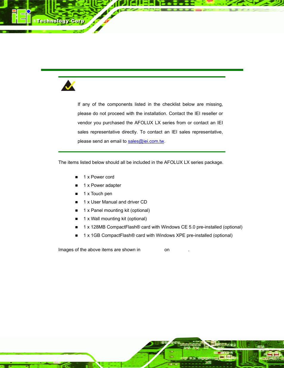 Packing list | IEI Integration AFL-07A 08AH 10A 12A-LX Series User Manual | Page 6 / 131