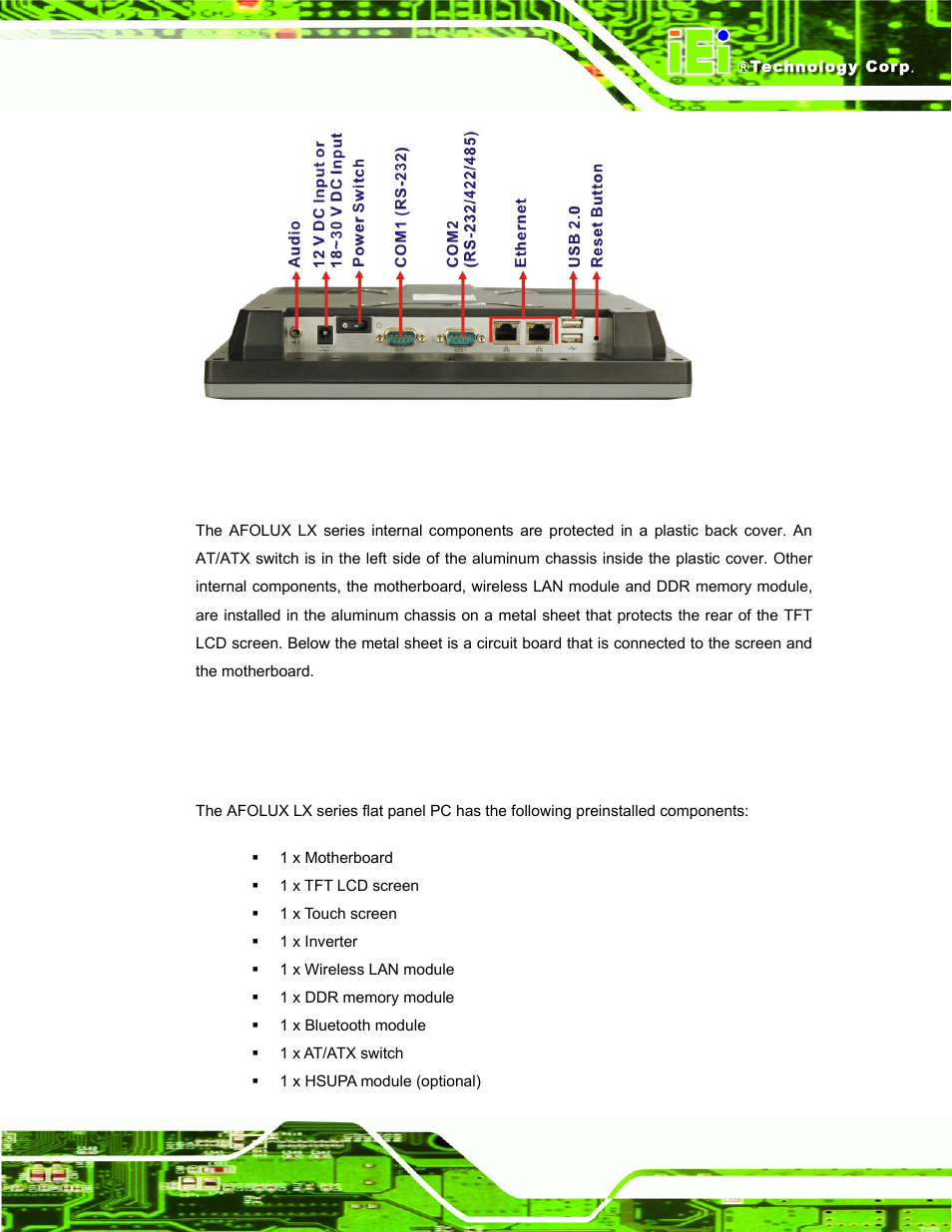3 internal overview, 4 specifications, 1 preinstalled hardware components | Nternal, Verview, Pecifications, Figure 1-5: afolux lx series bottom view | IEI Integration AFL-LX-Series v2.01 User Manual | Page 17 / 122