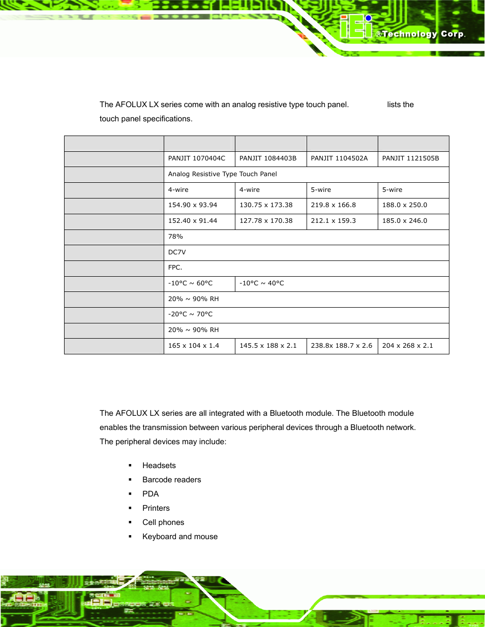 5 touch screen specifications, 6 bluetooth module specifications, Table 1-5: touch panel specifications | IEI Integration AFL-LX-Series v2.01 User Manual | Page 21 / 122