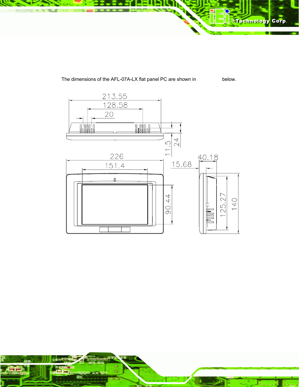 5 dimensions, 1 afl-07a-lx dimensions, Imensions | Figure 1-6: afl-07a-lx dimensions (units in mm) | IEI Integration AFL-LX-Series v2.01 User Manual | Page 23 / 122