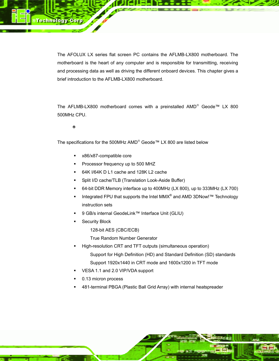 1 introduction, 2 cpu support, 1 amd( geode™ lx 800 500mhz specifications | Ntroduction, Upport, 1 amd, Geode™ lx 800 500mhz specifications, Ed in, Table 1-2, Specificati | IEI Integration AFL-LX-Series v2.01 User Manual | Page 28 / 122