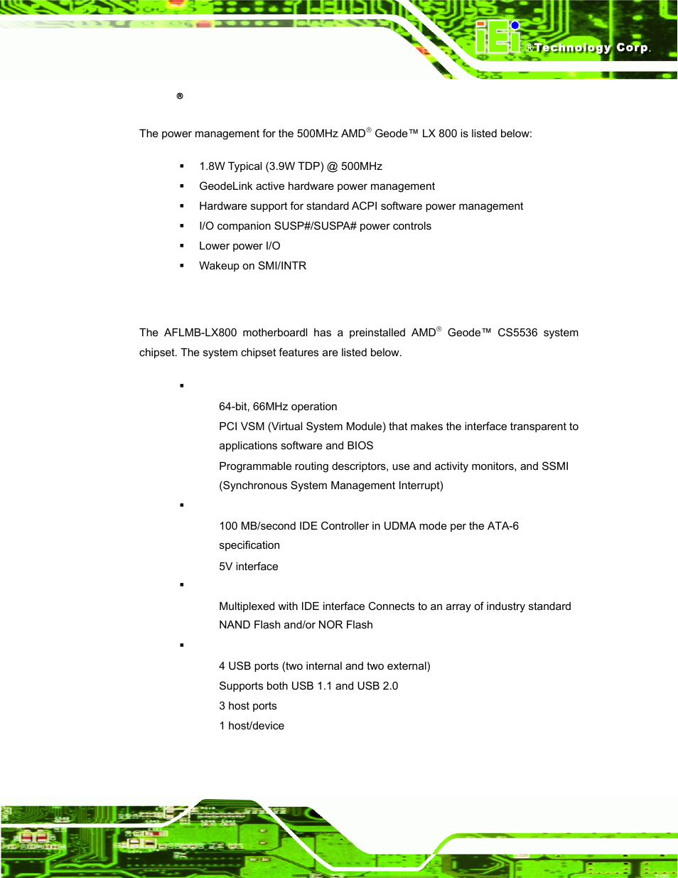 2 amd( geode™ lx 800 500mhz power management, 3 system chipset, 2 amd | Geode™ lx 800 500mhz power management, Ystem, Hipset, Ed in, Table 1-3, Specification, Aflmb-lx800 | IEI Integration AFL-LX-Series v2.01 User Manual | Page 29 / 122
