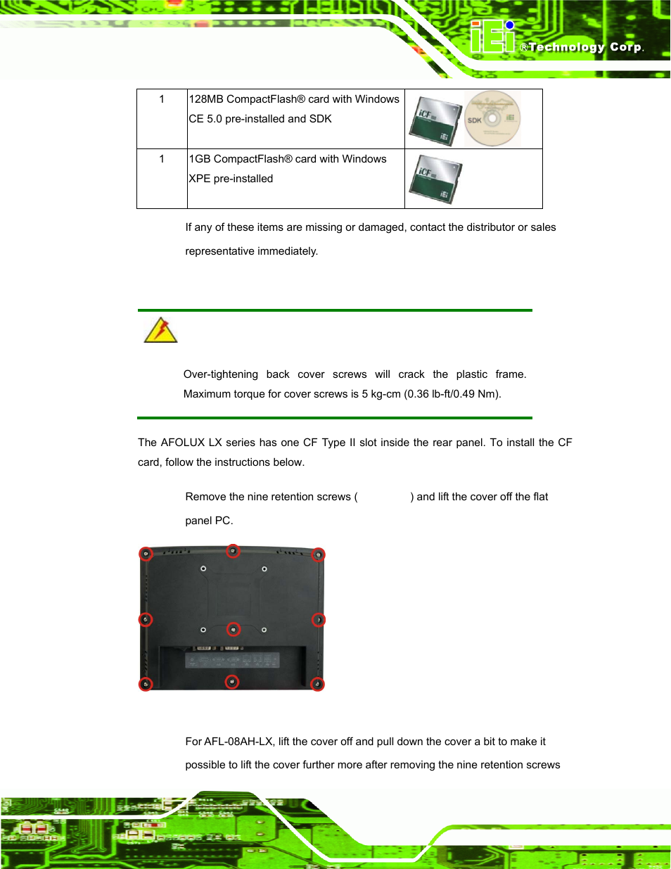 5 cf card installation, Nstallation, Figure 3-1: back cover retention screws | IEI Integration AFL-LX-Series v2.01 User Manual | Page 39 / 122