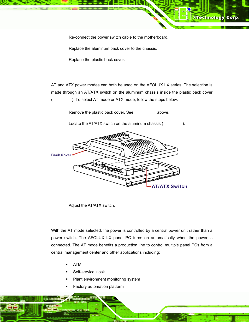 7 at/atx mode selection, 1 at power mode, At/atx | Election, Figure 3-9: at/atx switch location | IEI Integration AFL-LX-Series v2.01 User Manual | Page 43 / 122