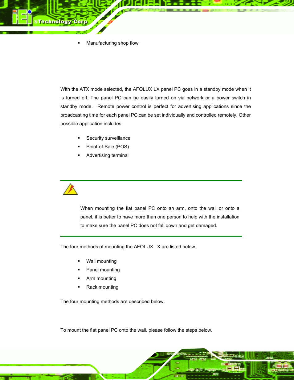 2 atx power mode, 8 mounting the system, 1 wall mounting | Ounting the, Ystem | IEI Integration AFL-LX-Series v2.01 User Manual | Page 44 / 122