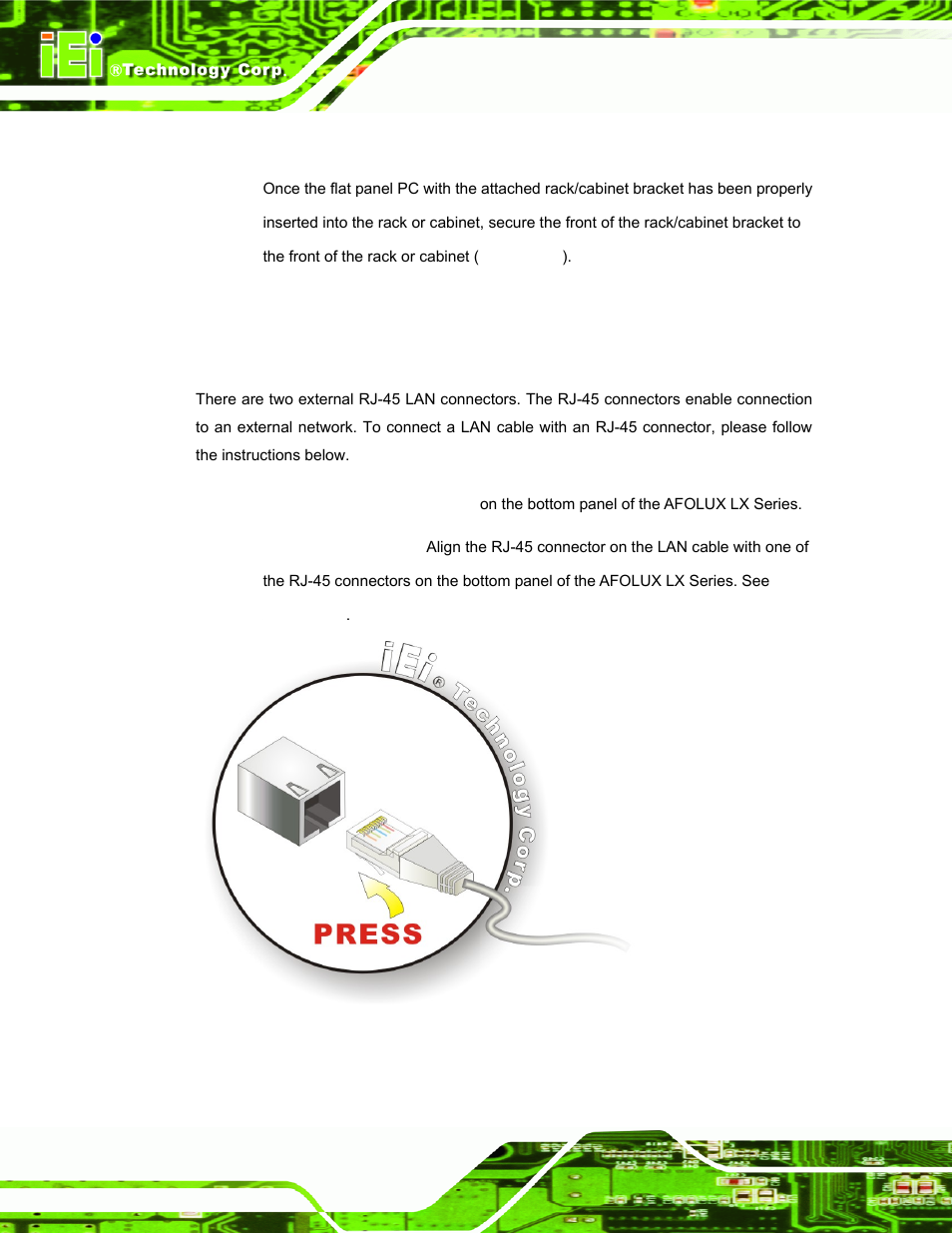 9 bottom panel connectors, 1 lan connection, Ottom | Anel, Onnectors, Figure 3-22: install into a rack/cabinet, Figure 3-23: lan connection | IEI Integration AFL-LX-Series v2.01 User Manual | Page 54 / 122