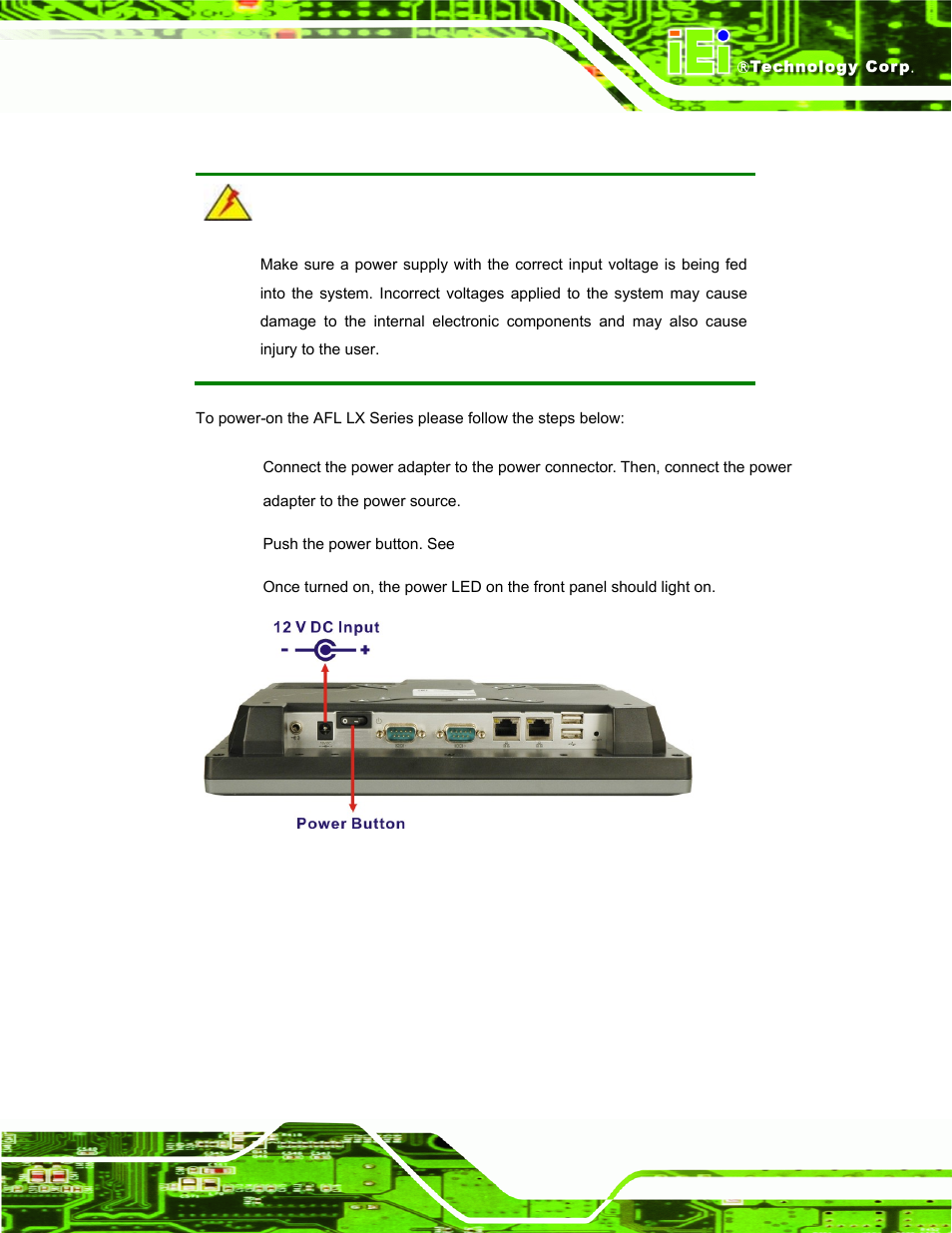 10 power-up the system, Ower, Up the | Ystem, Figure 3-26: power connector and power button | IEI Integration AFL-LX-Series v2.01 User Manual | Page 57 / 122
