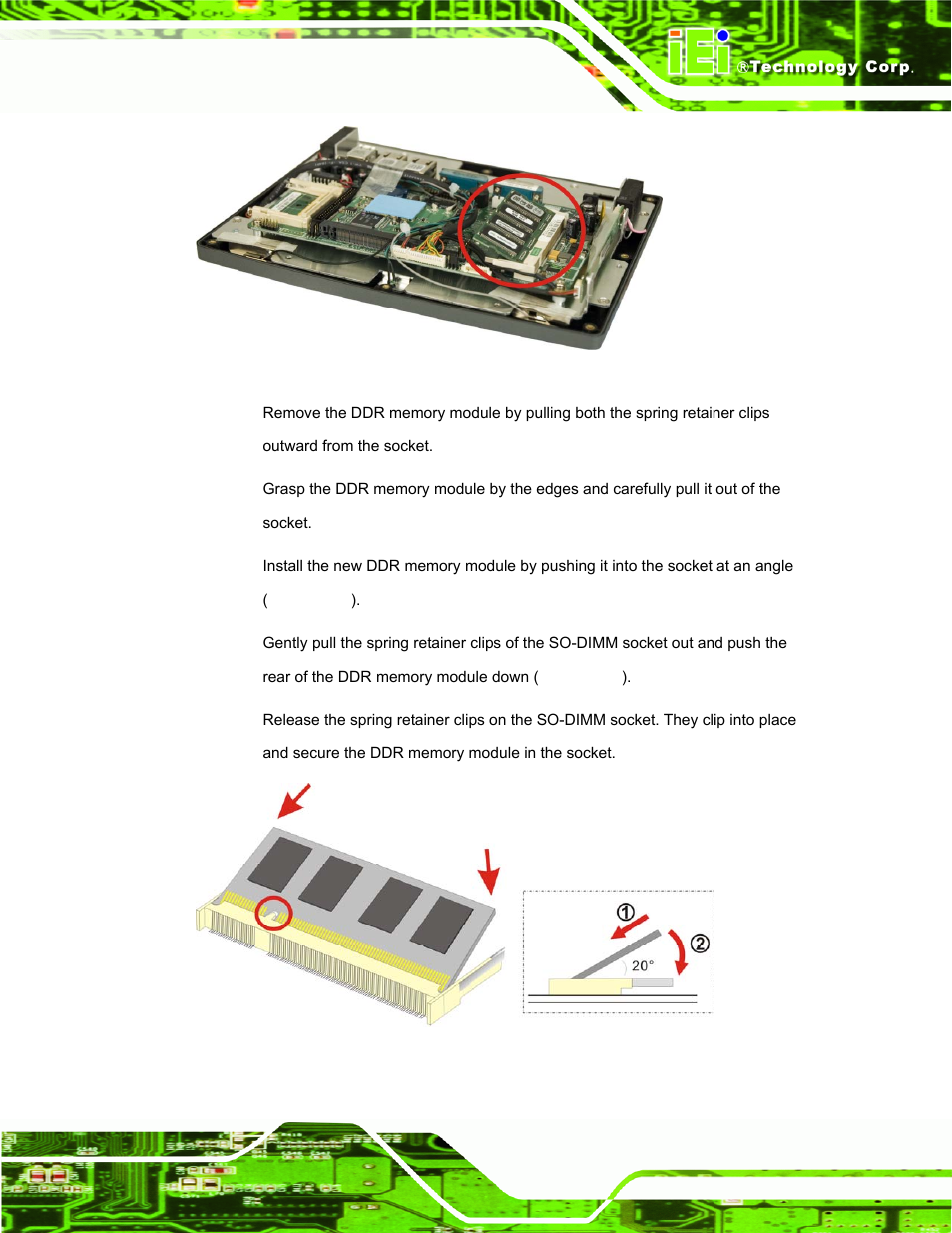 Figure 4-12: so-dimm socket location, Figure 4-13: ddr so-dimm module installation | IEI Integration AFL-LX-Series v2.01 User Manual | Page 65 / 122