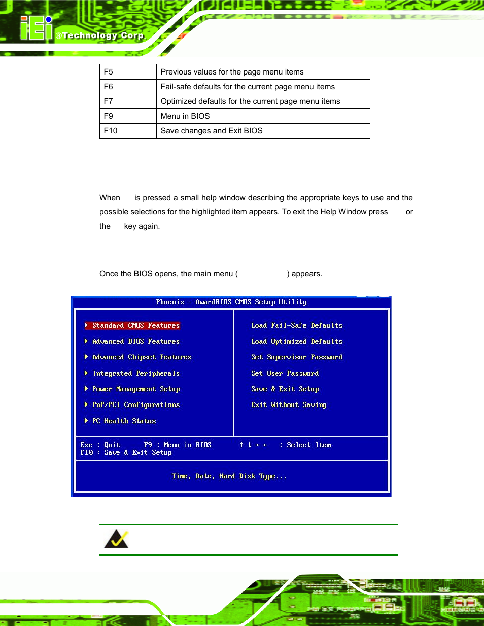 3 getting help, 4 main bios menu, Table 5-1: bios navigation keys | IEI Integration AFL-LX-Series v2.01 User Manual | Page 72 / 122