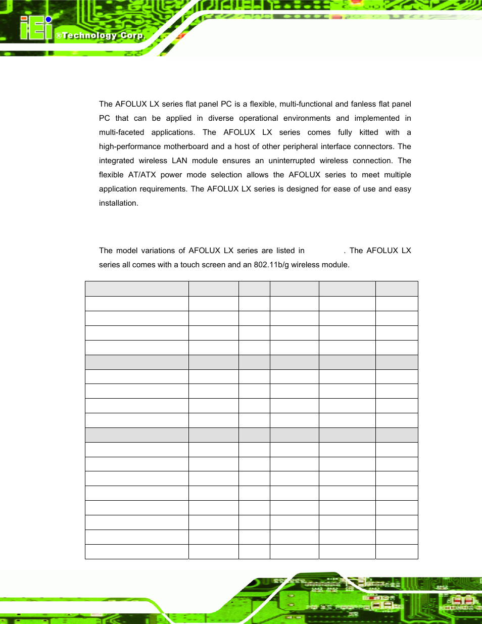 1 afolux lx series flat panel pc overview, 1 model variations, Afolux | Eries, Anel, Verview, Afolux lx series flat panel pc page 12 | IEI Integration AFL-LX-Series v2.10 User Manual | Page 12 / 121