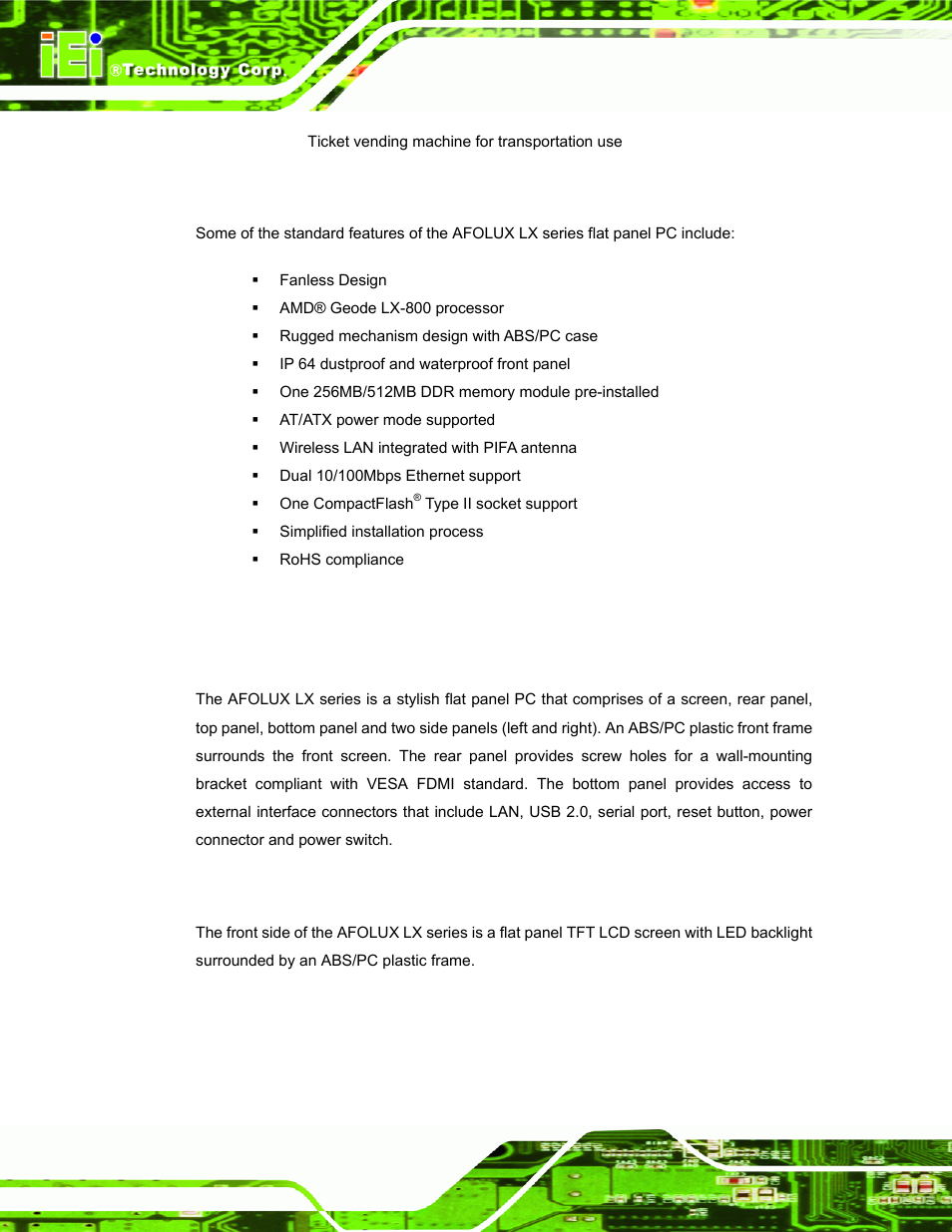 3 standard features, 2 external overview, 1 general description | 2 front panel, Xternal, Verview | IEI Integration AFL-LX-Series v2.10 User Manual | Page 14 / 121