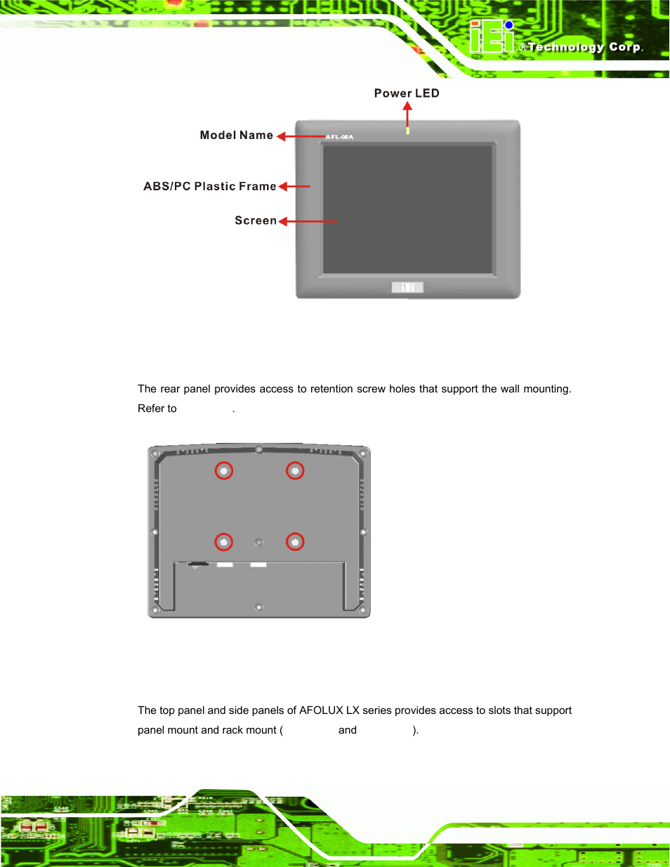 3 rear panel, 4 top panel and side panels, Figure 1-1: front view | Figure 1-2: afl-07a-lx/afl-08ah-lx rear view | IEI Integration AFL-LX-Series v2.10 User Manual | Page 15 / 121