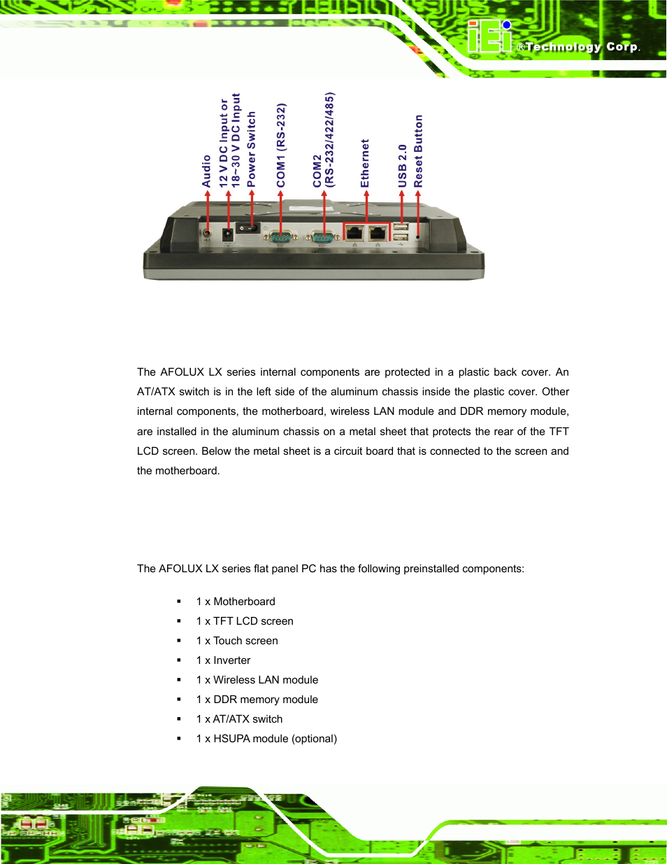 3 internal overview, 4 specifications, 1 preinstalled hardware components | Nternal, Verview, Pecifications, Figure 1-5: afolux lx series bottom view | IEI Integration AFL-LX-Series v2.10 User Manual | Page 17 / 121