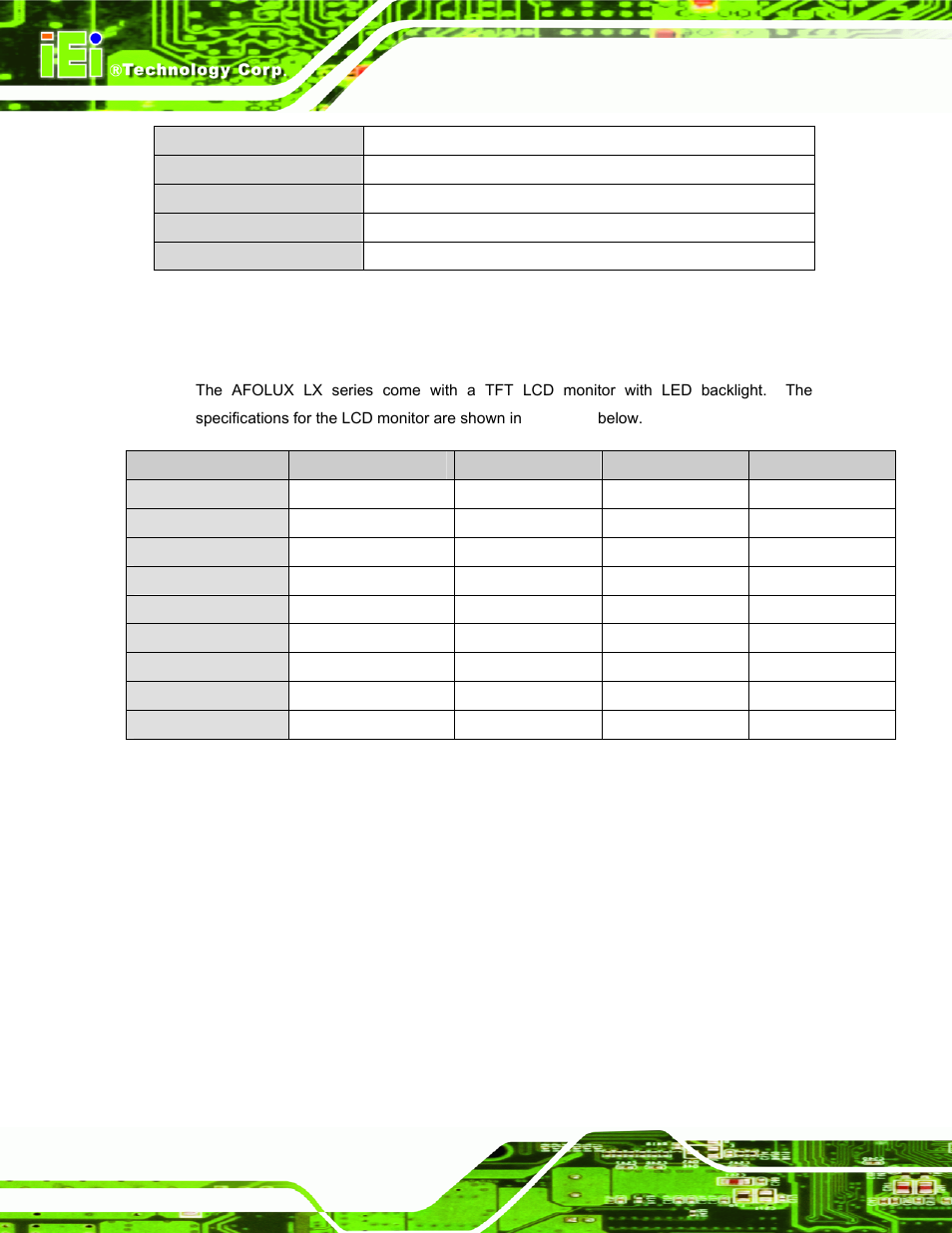 4 flat panel screen specifications, Table 1-3: motherboard specifications, Table 1-4: tft lcd monitor specifications | Afolux lx series flat panel pc page 20 | IEI Integration AFL-LX-Series v2.10 User Manual | Page 20 / 121