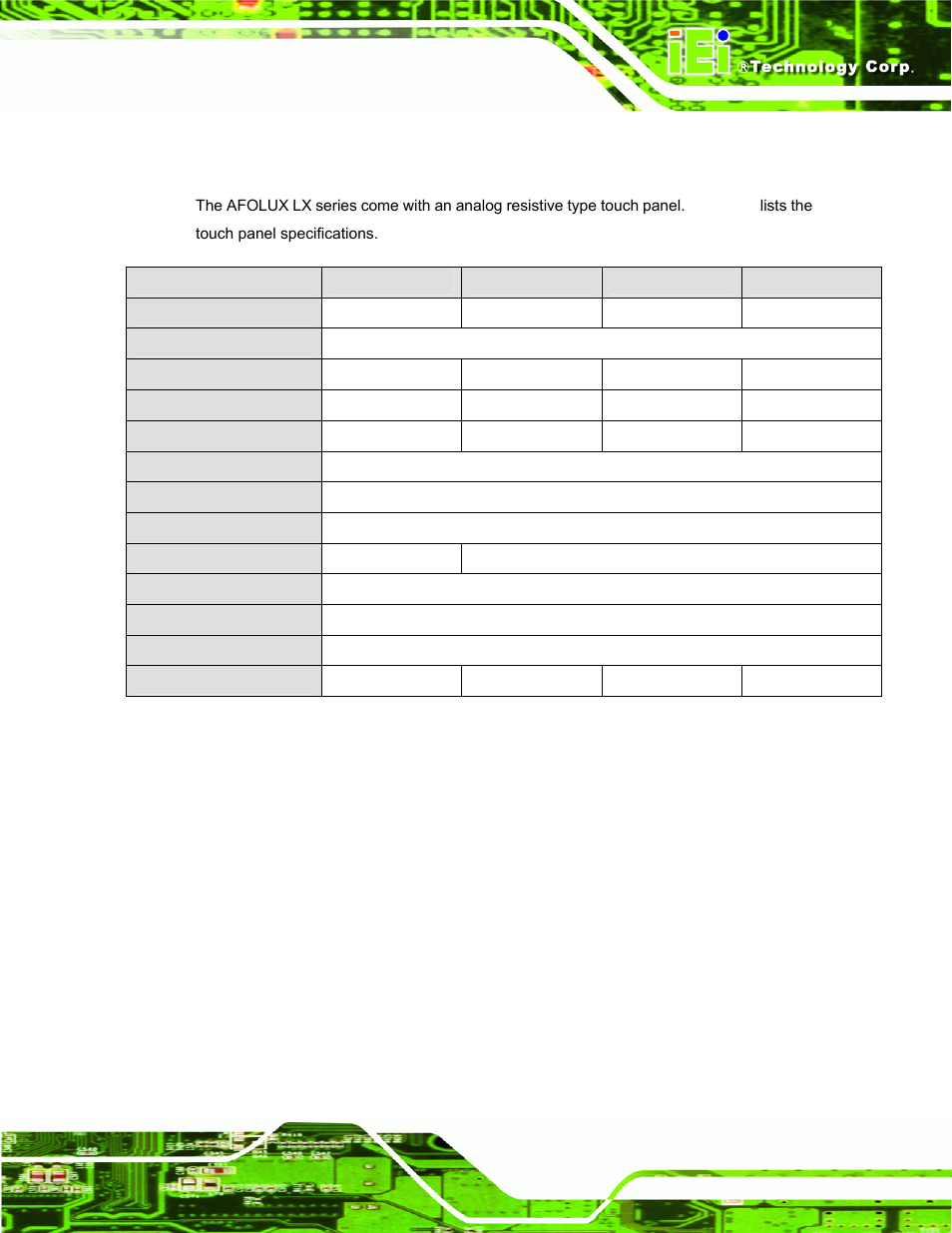 5 touch screen specifications, Table 1-5: touch panel specifications | IEI Integration AFL-LX-Series v2.10 User Manual | Page 21 / 121