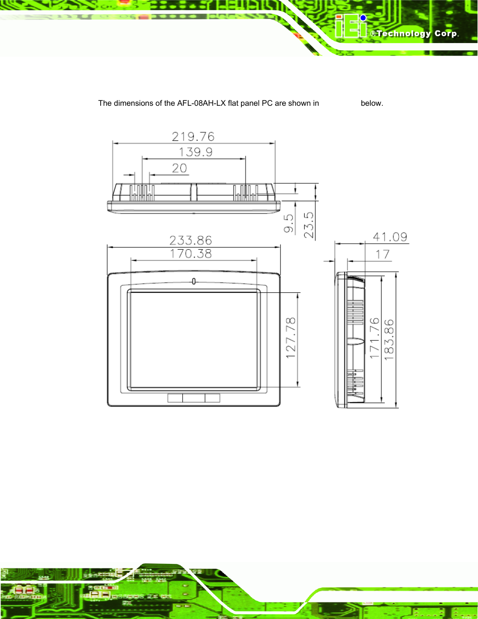 2 afl-08ah-lx dimensions, Figure 1-7: afl-08ah-lx dimensions (units in mm) | IEI Integration AFL-LX-Series v2.10 User Manual | Page 23 / 121