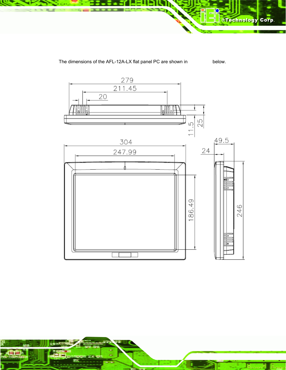 4 afl-12a-lx dimensions, Figure 1-9: afl-12a-lx dimensions (units in mm), Figure 1-5 | 1 x audio jack | IEI Integration AFL-LX-Series v2.10 User Manual | Page 25 / 121