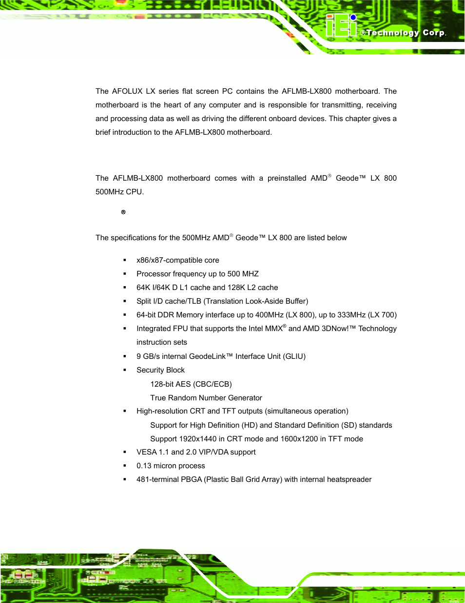 1 introduction, 2 cpu support, 1 amd( geode™ lx 800 500mhz specifications | Ntroduction, Upport, 1 amd, Geode™ lx 800 500mhz specifications, Ed in, Table 1-3, Specific | IEI Integration AFL-LX-Series v2.10 User Manual | Page 27 / 121