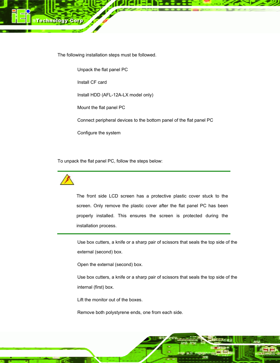 3 installation and configuration steps, 4 unpacking, Nstallation and | Onfiguration, Teps, Npacking | IEI Integration AFL-LX-Series v2.10 User Manual | Page 36 / 121