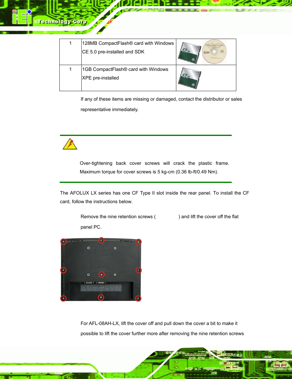 5 cf card installation, Nstallation, Figure 3-1: back cover retention screws | IEI Integration AFL-LX-Series v2.10 User Manual | Page 38 / 121