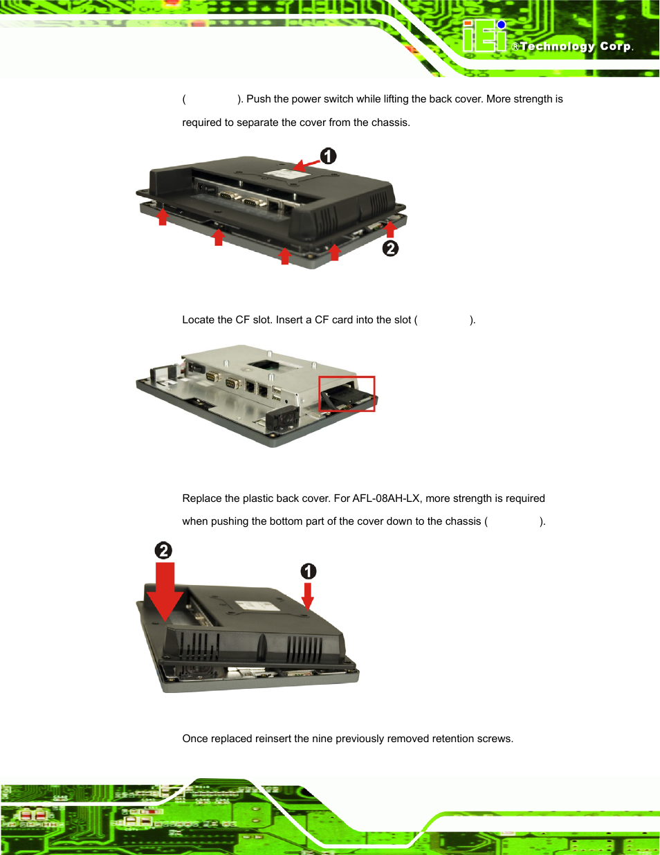 Figure 3-2: afl-08ah-lx plastic back cover removal, Figure 3-3: cf card location | IEI Integration AFL-LX-Series v2.10 User Manual | Page 39 / 121