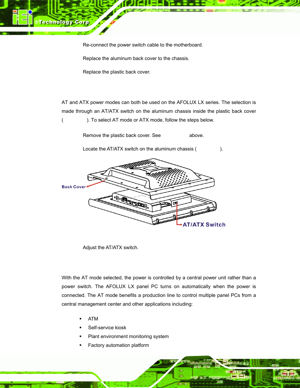 7 at/atx mode selection, 1 at power mode, At/atx | Election, Figure 3-9: at/atx switch location | IEI Integration AFL-LX-Series v2.10 User Manual | Page 42 / 121