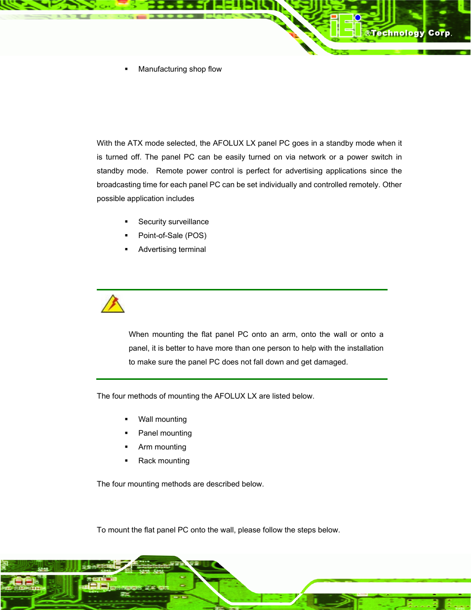 2 atx power mode, 8 mounting the system, 1 wall mounting | Ounting the, Ystem | IEI Integration AFL-LX-Series v2.10 User Manual | Page 43 / 121