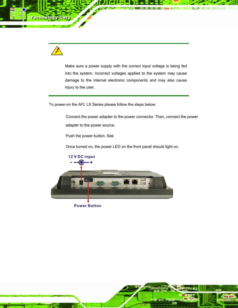 10 power-up the system, Ower, Up the | Ystem, Figure 3-26: power connector and power button | IEI Integration AFL-LX-Series v2.10 User Manual | Page 56 / 121