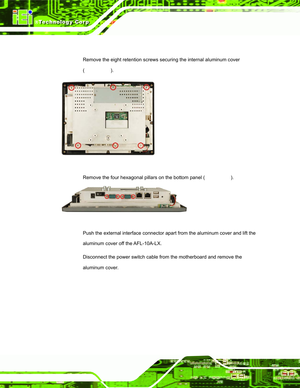 3 afl-10a-lx internal aluminum cover removal, Figure 4-4, Figure 4-4: four hexagonal pillars on | IEI Integration AFL-LX-Series v2.10 User Manual | Page 62 / 121