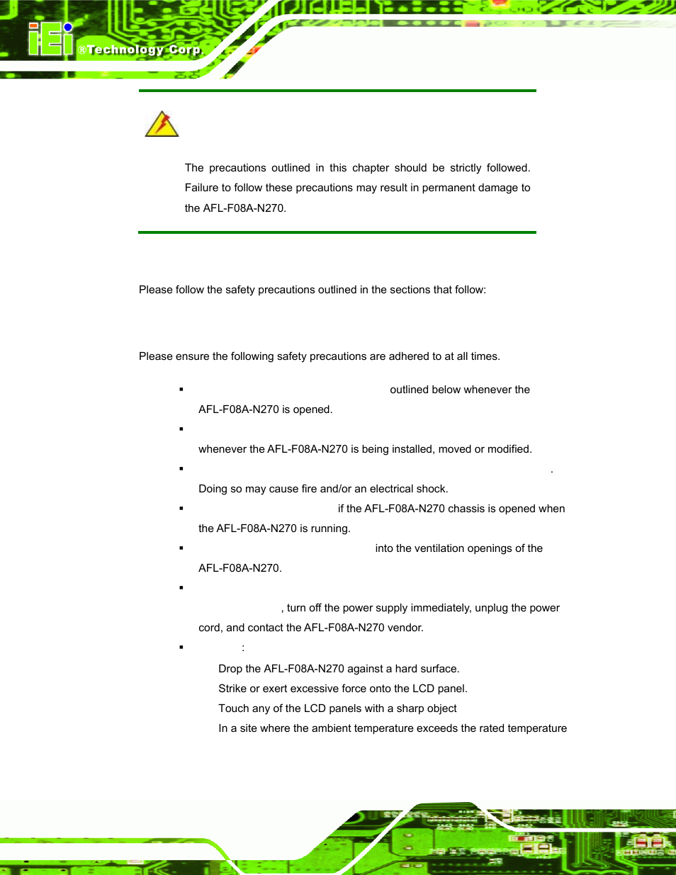 D.1 safety precautions, D.1.1 general safety precautions | IEI Integration AFL-F08A v2.10 User Manual | Page 132 / 143