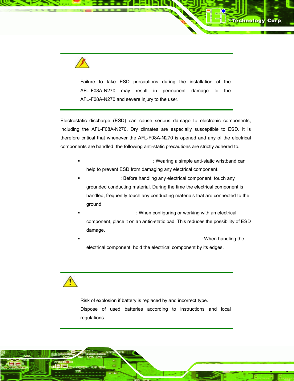 D.1.2 anti-static precautions, D.1.3 product disposal | IEI Integration AFL-F08A v2.10 User Manual | Page 133 / 143