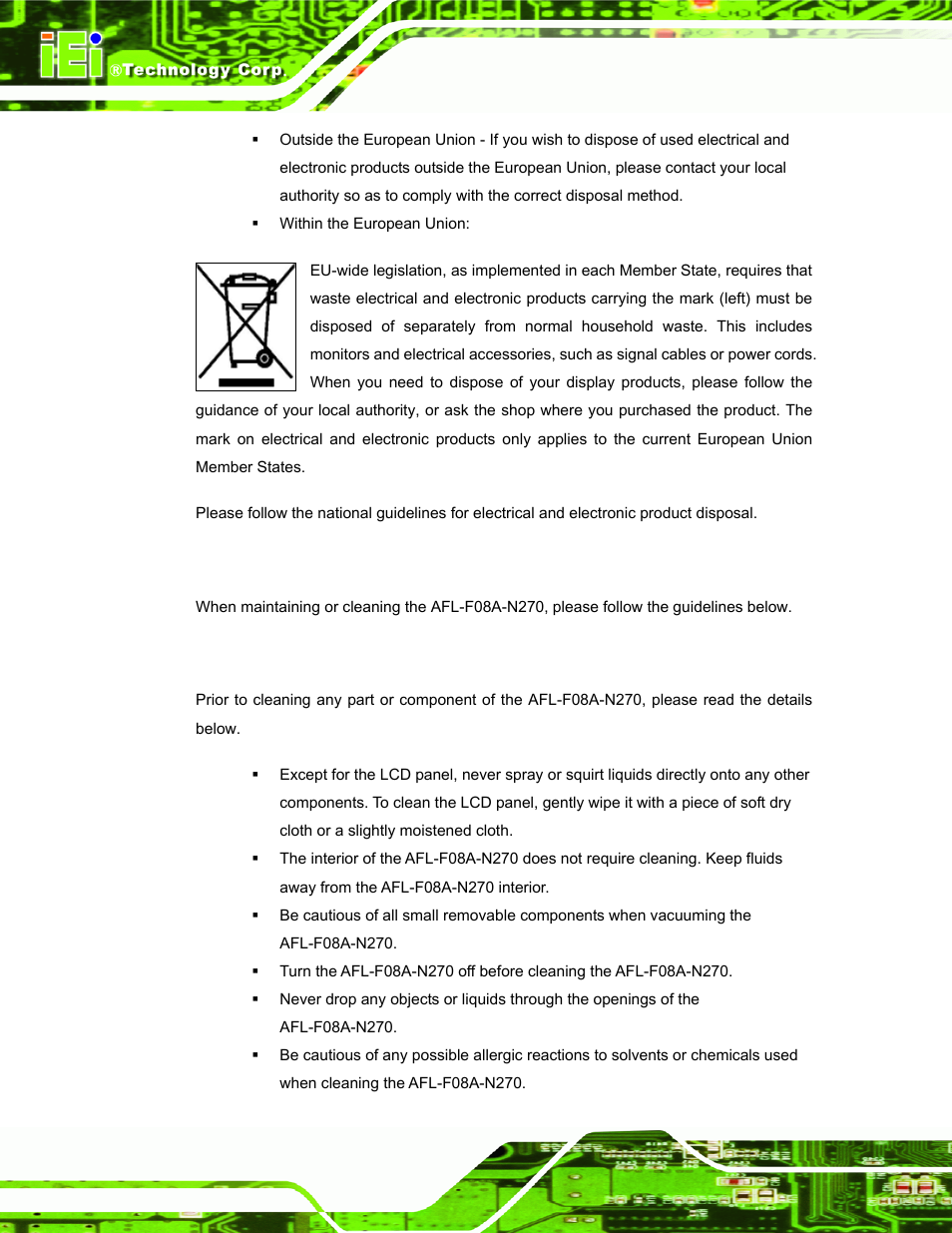 D.2 maintenance and cleaning precautions, D.2.1 maintenance and cleaning | IEI Integration AFL-F08A v2.10 User Manual | Page 134 / 143