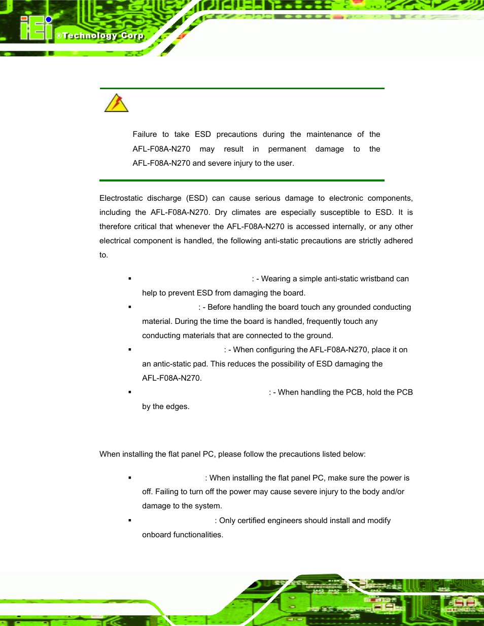 1 anti-static precautions, 2 installation precautions | IEI Integration AFL-F08A v2.10 User Manual | Page 26 / 143