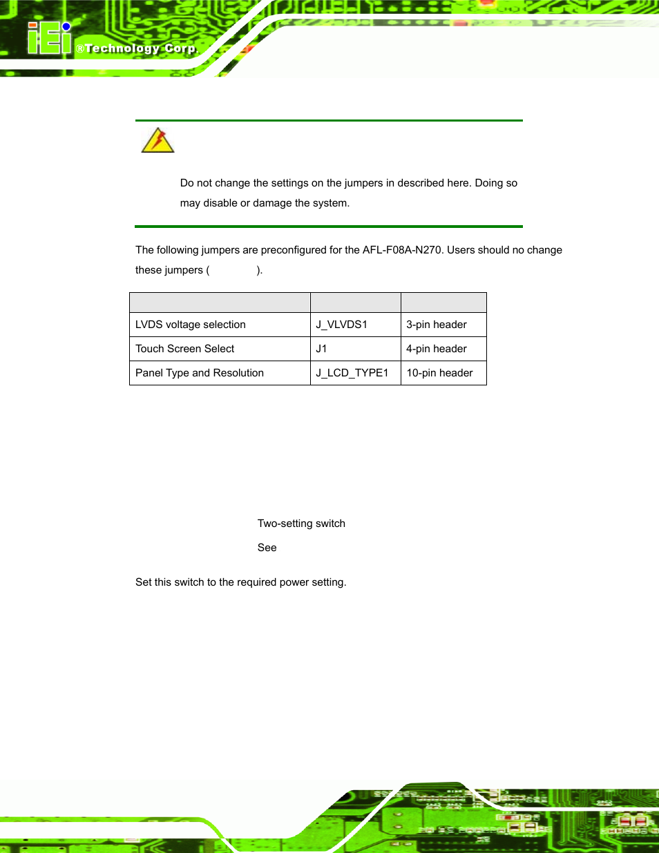 2 preconfigured jumpers, 3 at/atx power select jumper settings | IEI Integration AFL-F08A v2.10 User Manual | Page 32 / 143