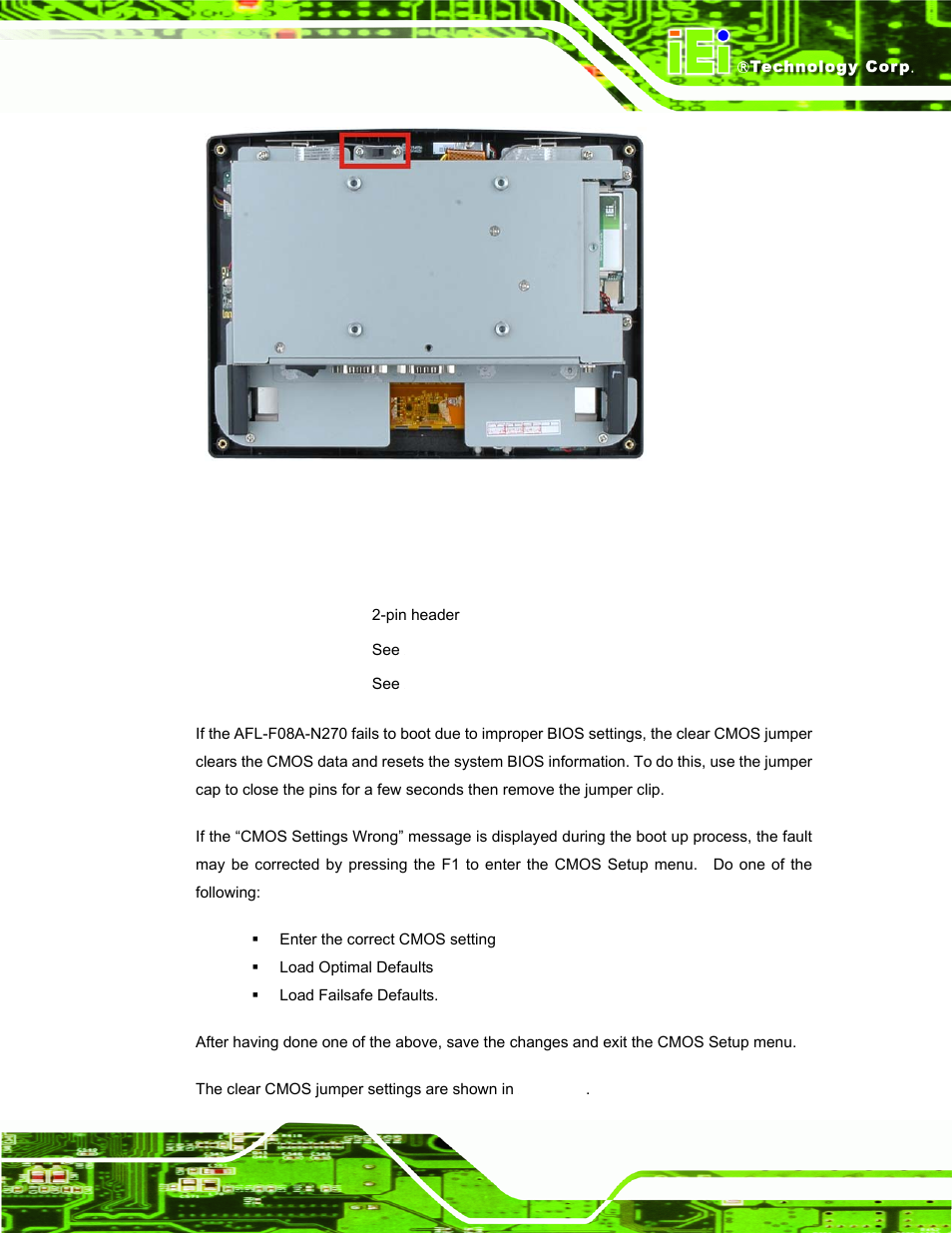4 clear cmos jumper | IEI Integration AFL-F08A v2.10 User Manual | Page 33 / 143