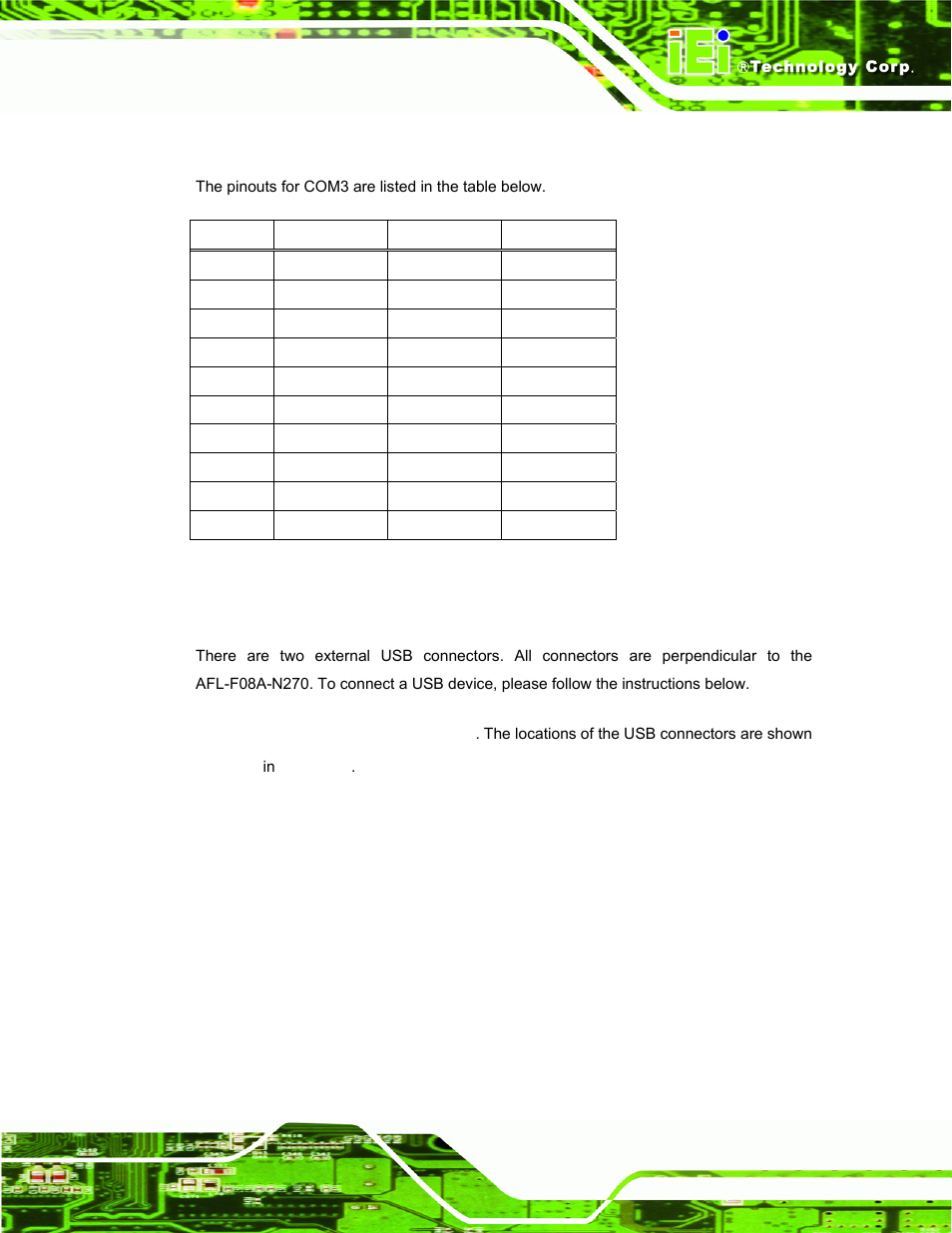 2 com3 pinouts, 3 usb device connection | IEI Integration AFL-F08A v2.10 User Manual | Page 49 / 143
