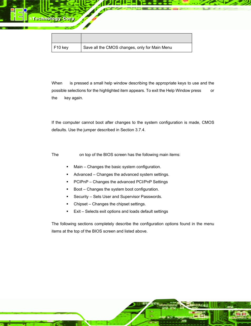 3 getting help, 4 unable to reboot after configuration changes, 5 bios menu bar | IEI Integration AFL-F08A v2.10 User Manual | Page 60 / 143