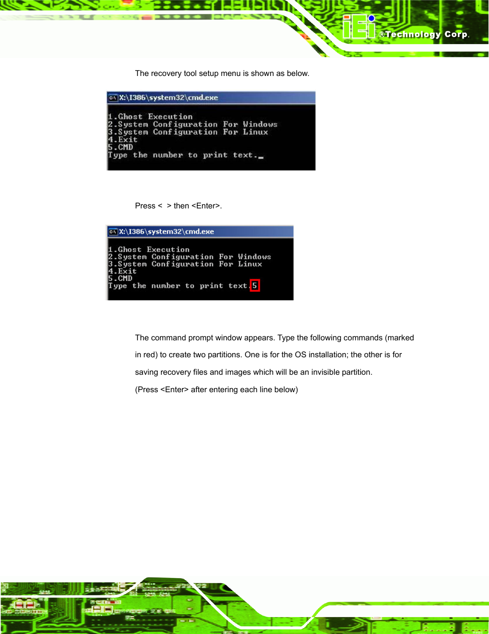 Figure b-3: recovery tool setup menu, Figure b-4: command mode | IEI Integration AFL-F08A v1.01 User Manual | Page 105 / 142