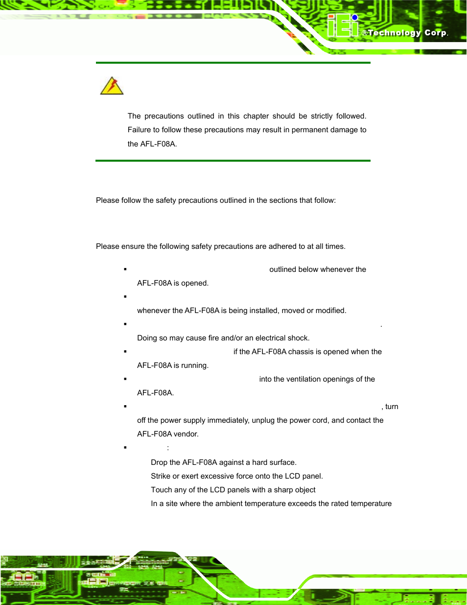 D.1 safety precautions, D.1.1 general safety precautions, Afety | Recautions | IEI Integration AFL-F08A v1.01 User Manual | Page 131 / 142