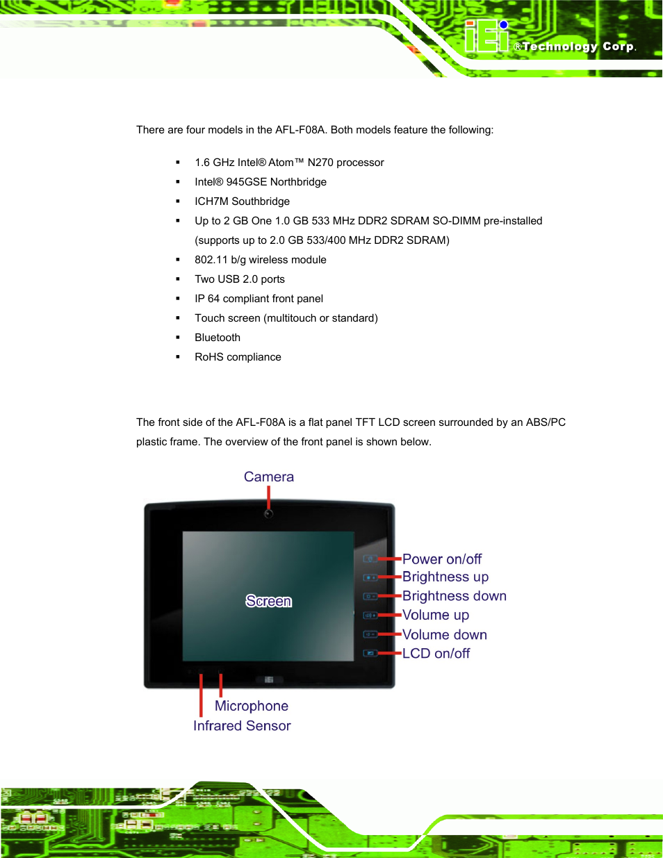 2 features, 3 front panel, Eatures | Ront, Anel, Figure 1-2: afl-f08a front view | IEI Integration AFL-F08A v1.01 User Manual | Page 15 / 142
