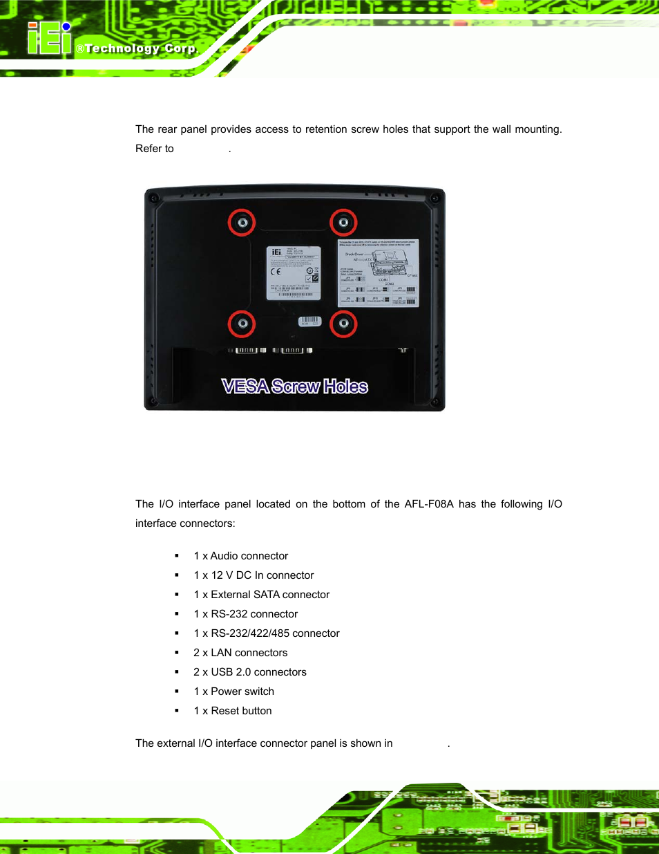 4 rear panel, 5 i/o interface panel, Anel | Nterface, Figure 1-3: afl-f08a rear view | IEI Integration AFL-F08A v1.01 User Manual | Page 16 / 142