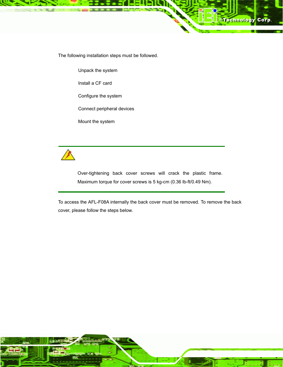 3 installation and configuration steps, 4 removing the back cover, Nstallation and | Onfiguration, Teps, Emoving the, Over | IEI Integration AFL-F08A v1.01 User Manual | Page 27 / 142