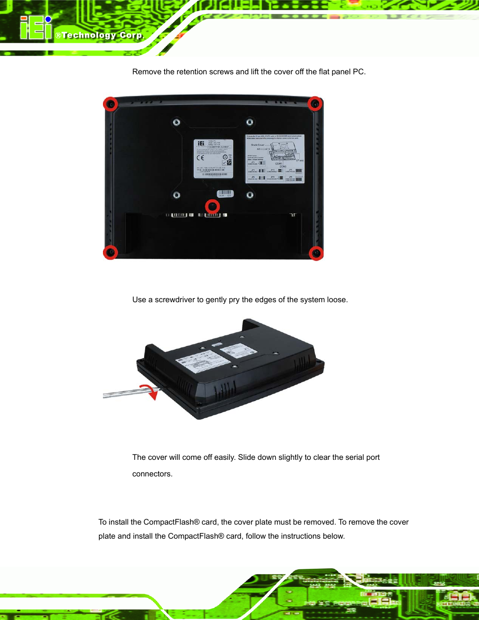 5 cf card installation, Nstallation, Figure 3-1: back cover retention screws | Figure 3-2: pry the rear cover off | IEI Integration AFL-F08A v1.01 User Manual | Page 28 / 142