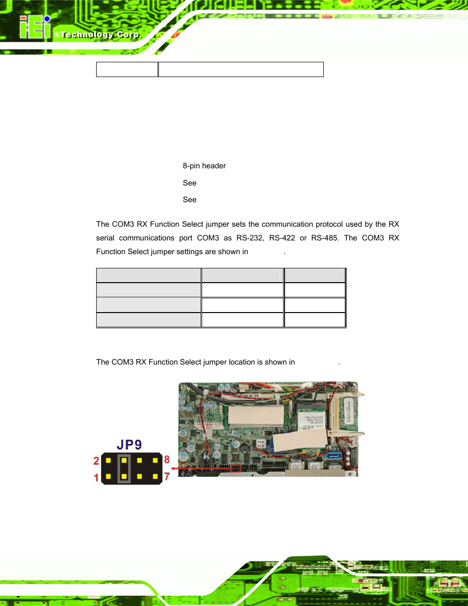 6 com3 rx function select jumper, Table 3-7: rs-485 pinouts, Table 3-8: com3 rx function select jumper settings | Afl-f08a panel pc page 24 | IEI Integration AFL-F08A v1.01 User Manual | Page 36 / 142