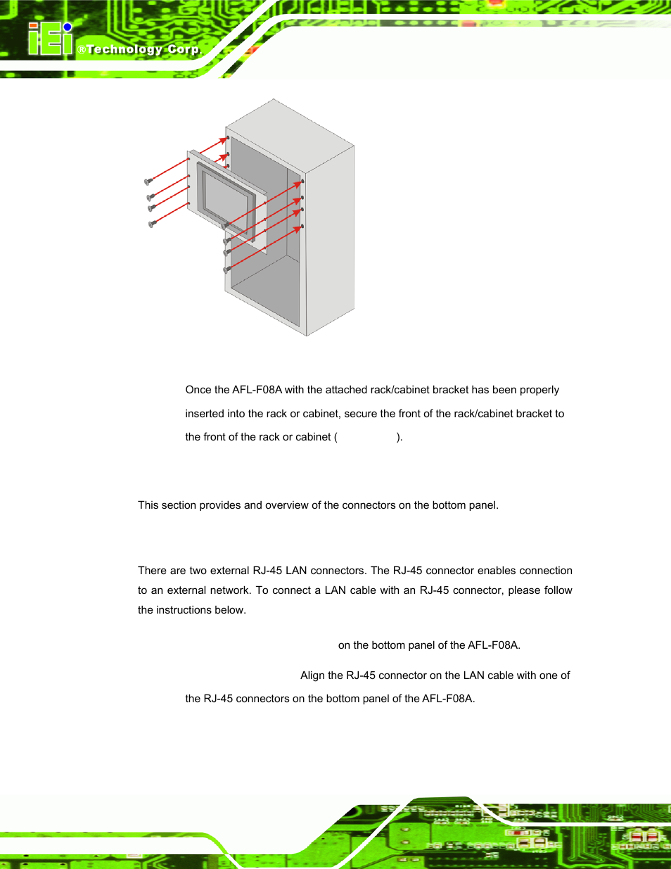 9 bottom panel connectors, 1 lan connection, Ottom | Anel, Onnectors, Figure 3-20: install into a rack/cabinet | IEI Integration AFL-F08A v1.01 User Manual | Page 46 / 142