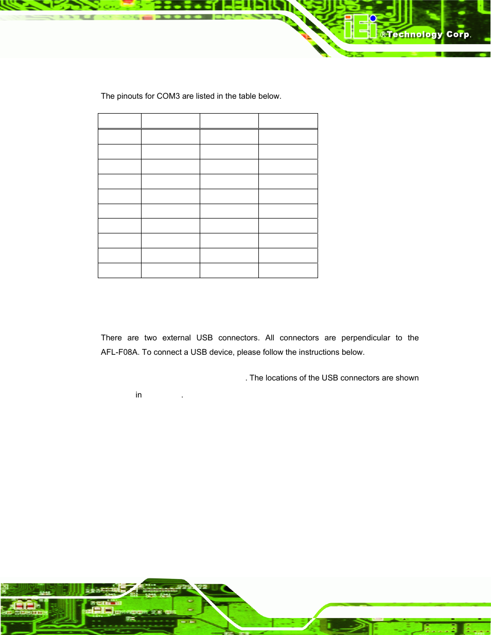 2 com3 pinouts, 3 usb device connection, Table 3-12: com3 connector pinouts | IEI Integration AFL-F08A v1.01 User Manual | Page 49 / 142