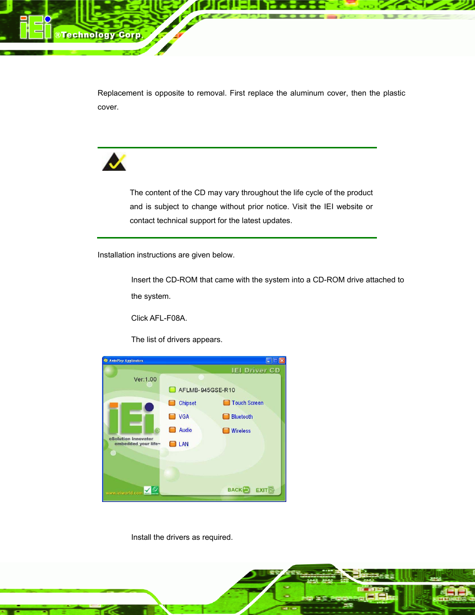 6 reinstalling the covers, 7 software driver installation, Einstalling the | Overs, Oftware, River, Nstallation, Figure 4-5: drivers | IEI Integration AFL-F08A v1.01 User Manual | Page 56 / 142