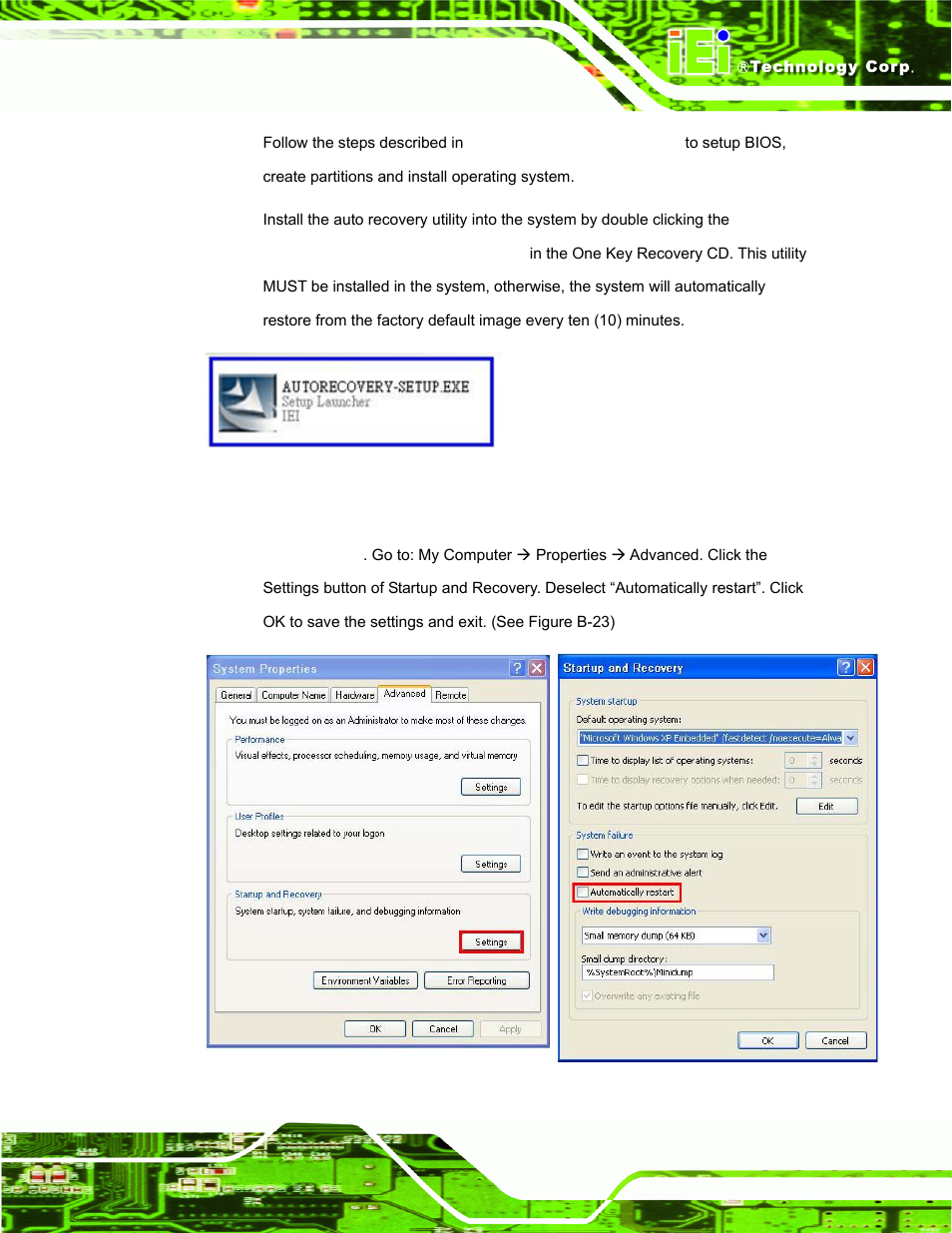 Figure b-22: auto recovery utility, Figure b-23: disable automatically restart | IEI Integration AFL-F08A v2.21 User Manual | Page 119 / 158