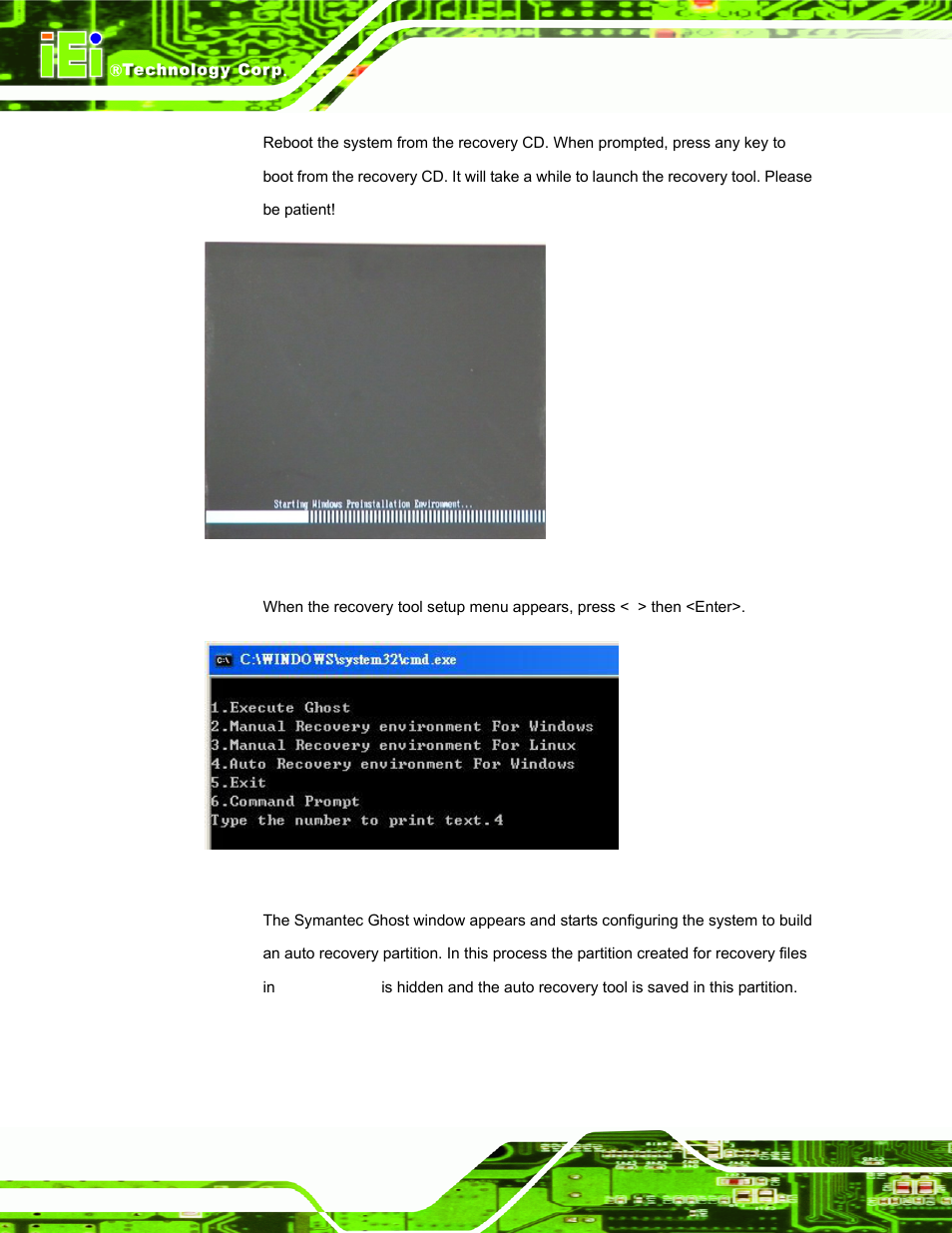 Figure b-24: launching the recovery tool, Figure b-25: auto recovery environment for windows | IEI Integration AFL-F08A v2.21 User Manual | Page 120 / 158
